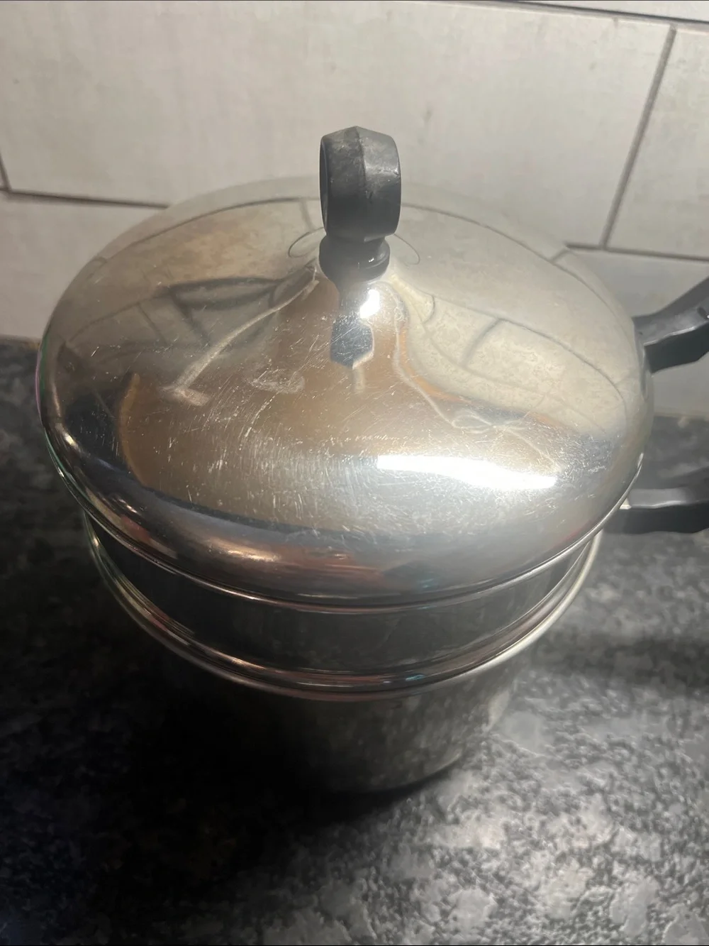 Vintage Farberware Stainless Steel Double Boiler Saucepan Black Handles 2 1/2 qt
